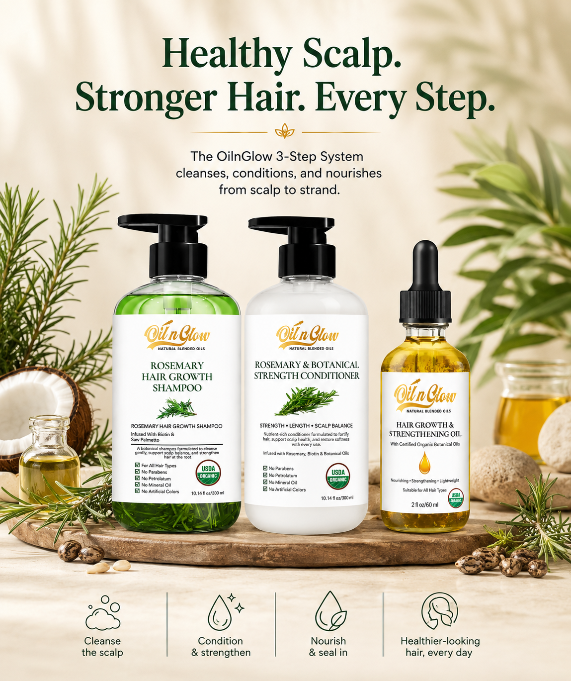 OlinGlow hair care products with text about healthy scalp and stronger hair on a natural background.
