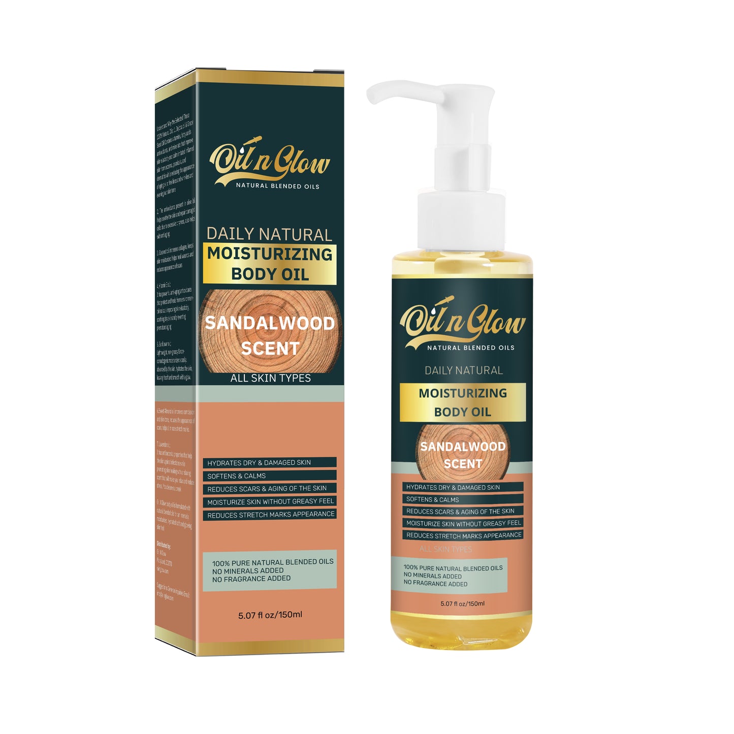 OilnGlow USDA Certified Organic Pure Natural Hydrating Body Oil After Shower With Coconut, Jojoba, Olive & Almond Non-Greasy Moisturizing Oil For Women & Men Dry Skin 5.07 fl oz/150ml-Sandalwood Scent USDA Organic Body Oil