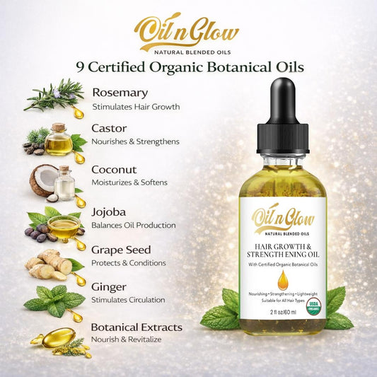 OilnGlow USDA Certified Organic 9 in 1 Natural Hair Growth Serum & Strengthening Oil with Rosemary, Castor, 100% Vegan Jojoba, Coconut, Grape Seed, Ginger & Scalp DHT Blocker Peppermint Oil 2 FL