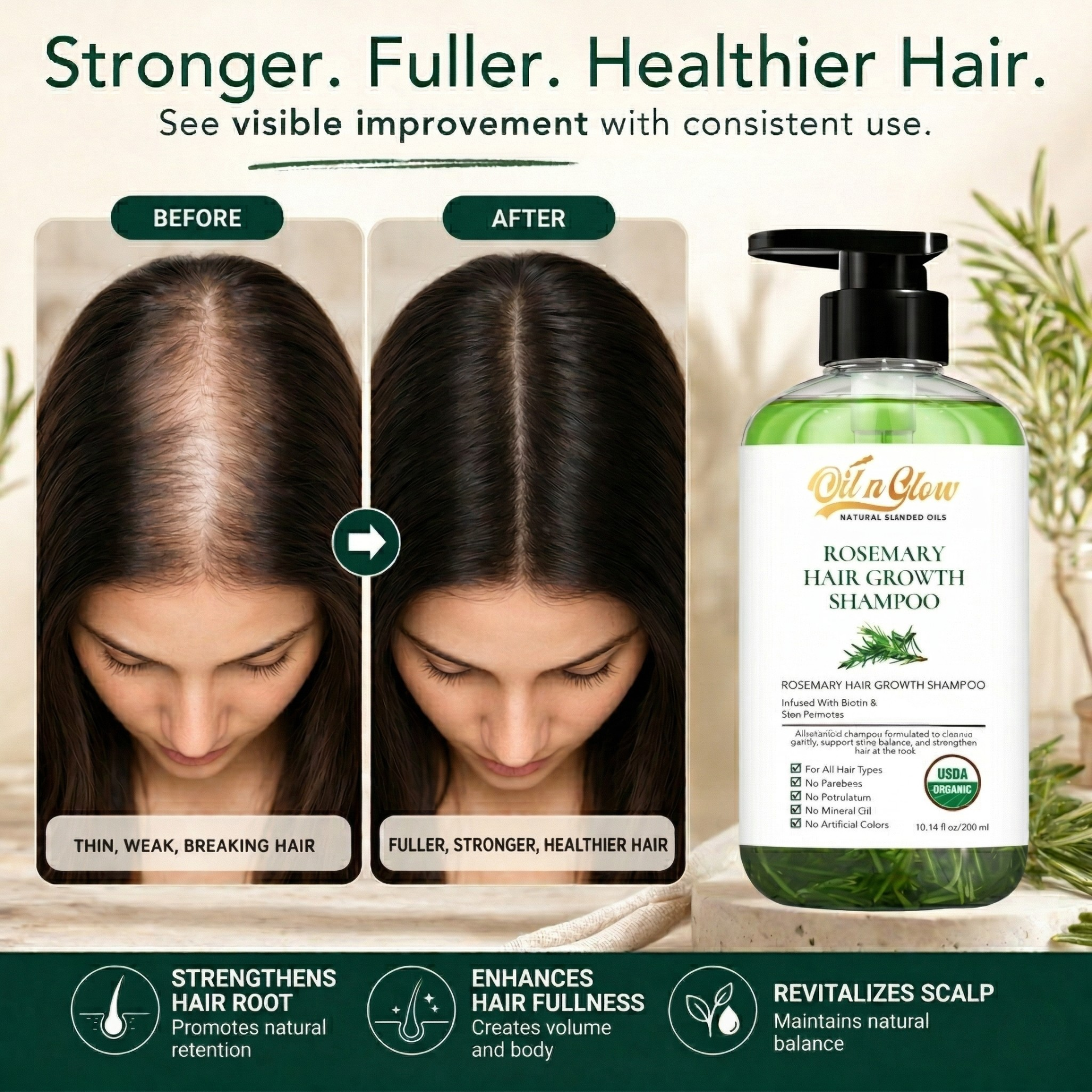 Before and after comparison of hair growth with a bottle of Rosemary Hair Growth Shampoo.