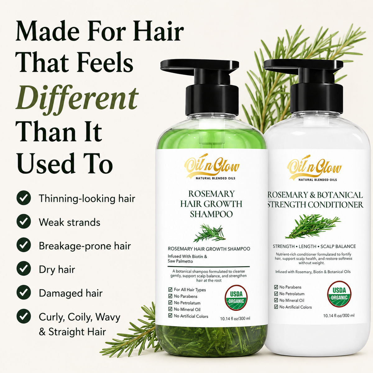 Oil n' Glow Rosemary Hair Growth Shampoo and Conditioner with text highlighting hair issues and benefits.