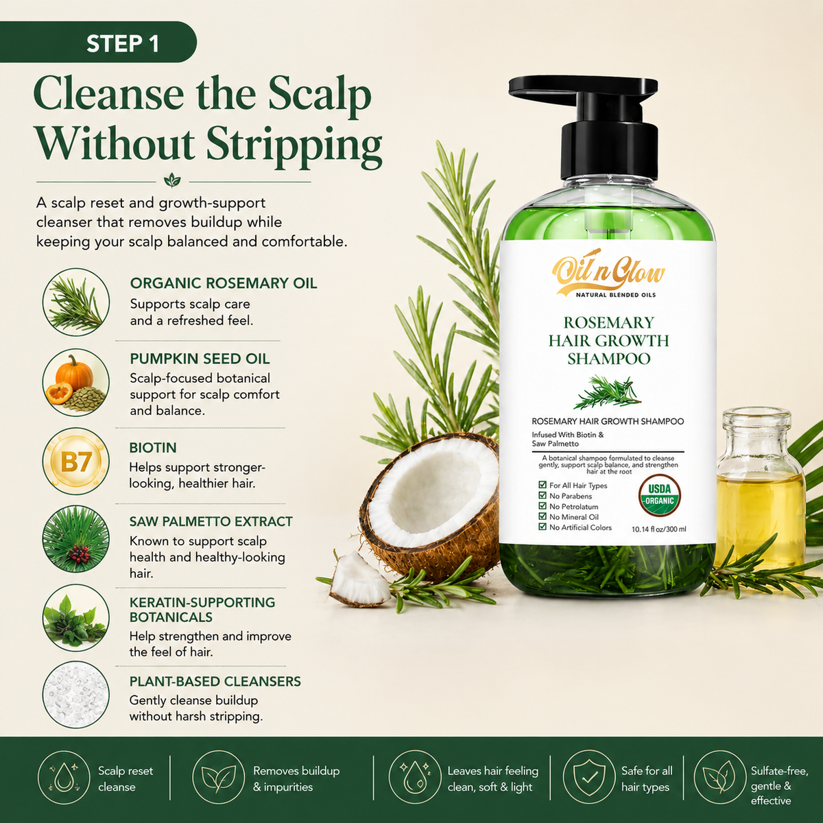 oilnGlow Rosemary Hair Growth Shampoo with ingredients Healthy Scalp → Stronger Hair → Fuller-Looking Hair

A complete scalp-first routine for people whose hair feels thinner, weaker, drier, or more fragile than it used to.