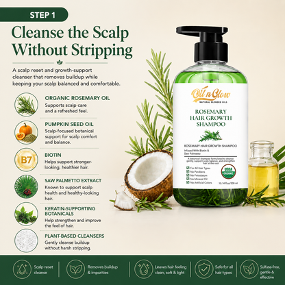 oilnGlow Rosemary Hair Growth Shampoo with ingredients Healthy Scalp → Stronger Hair → Fuller-Looking Hair

A complete scalp-first routine for people whose hair feels thinner, weaker, drier, or more fragile than it used to.