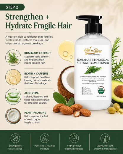 oilnglow Rosemary and botanical strength conditioner bottle with ingredients on a beige background Healthy Scalp → Stronger Hair → Fuller-Looking Hair

A complete scalp-first routine for people whose hair feels thinner, weaker, drier, or more fragile than it used to.
