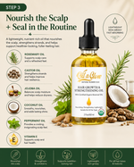 oilnglow Hair growth and strengthening oil bottle with ingredients and benefits on a beige.Healthy Scalp → Stronger Hair → Fuller-Looking Hair

A complete scalp-first routine for people whose hair feels thinner, weaker, drier, or more fragile than it used to.background
