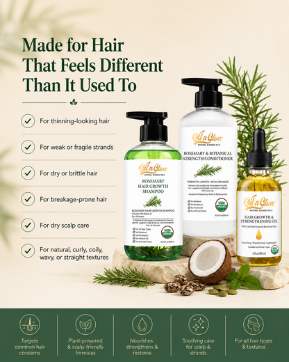 oilnglow Hair care product set with bottles and text on a natural background. Healthy Scalp → Stronger Hair → Fuller-Looking Hair

A complete scalp-first routine for people whose hair feels thinner, weaker, drier, or more fragile than it used to.