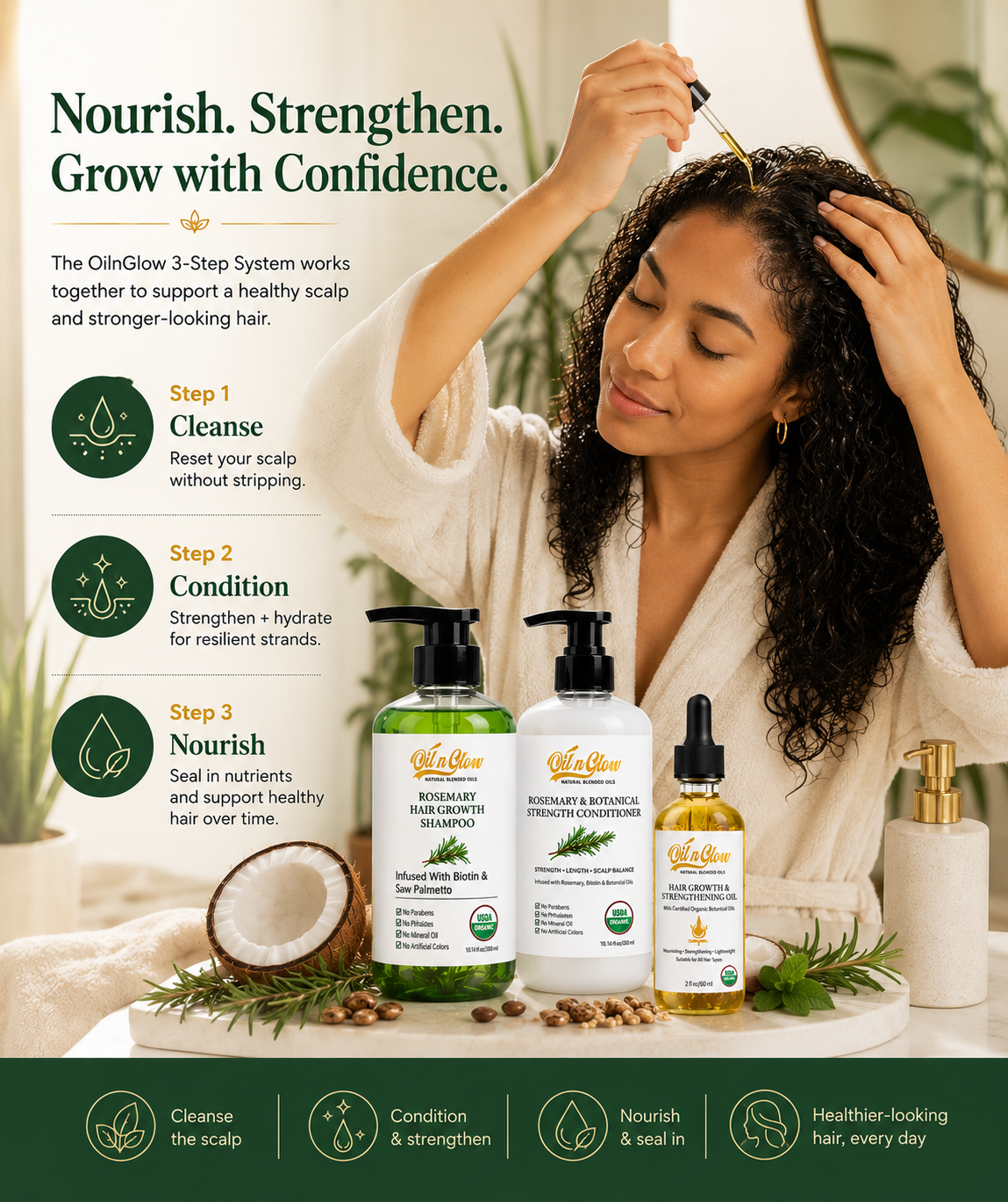 Woman applying hair care product with OlimGlow hair care products 
Healthy Scalp → Stronger Hair → Fuller-Looking Hair

A complete scalp-first routine for people whose hair feels thinner, weaker, drier, or more fragile than it used to.displayed.