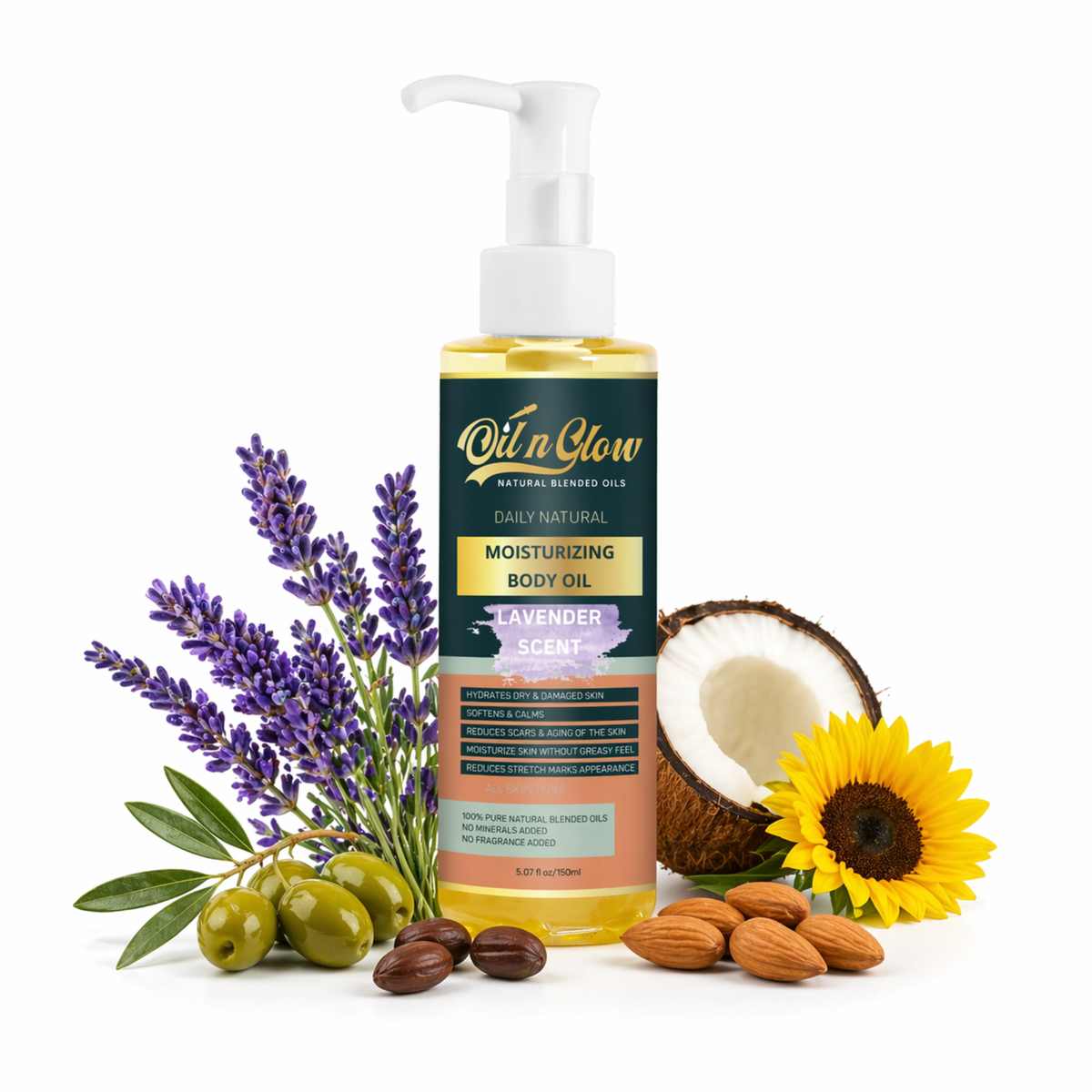 Body oil bottle with lavender, coconut, and sunflower on a white background