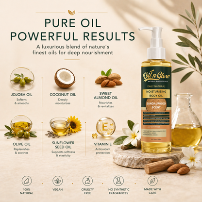 Natural Hydrating After‑Shower Body Oil | Lightweight & Moisturizing Warm Sandalwood Scent (Non‑Greasy, 150ml)