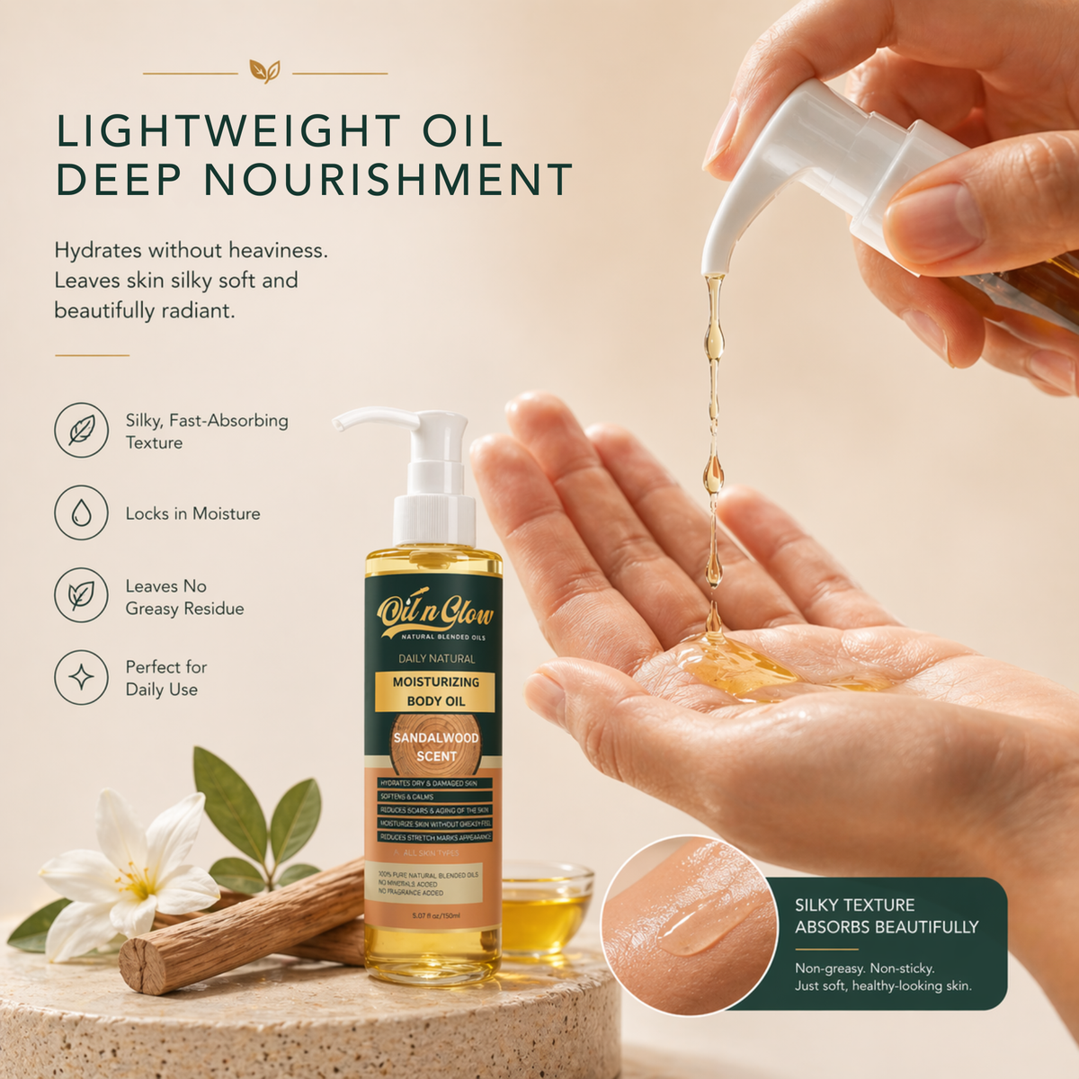 Oil 'n Glow body oil being poured into a hand with product packaging and sandalwood scent label.