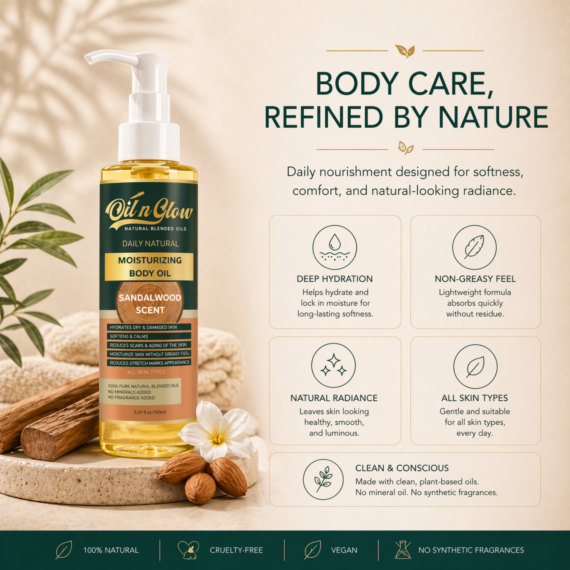 Body care product with sandalwood scent on a natural background