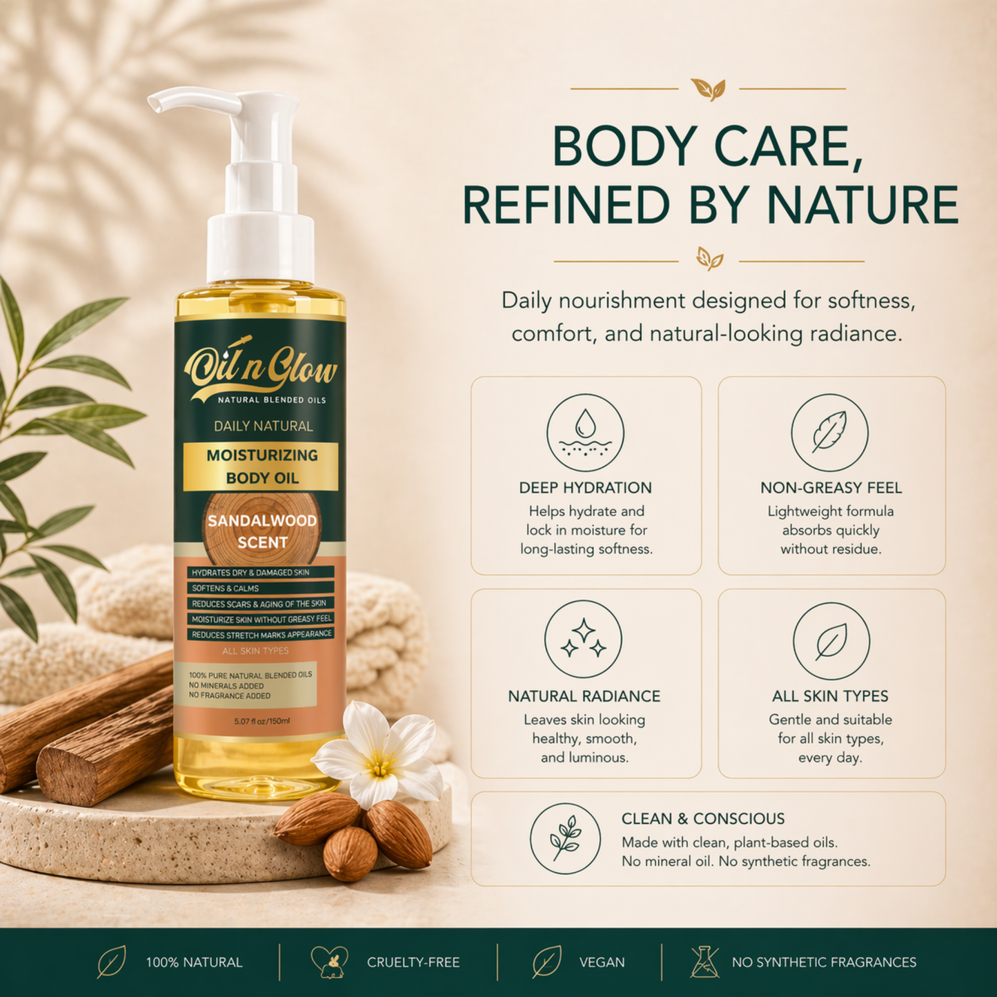 Natural Hydrating After‑Shower Body Oil | Lightweight & Moisturizing Warm Sandalwood Scent (Non‑Greasy, 150ml)