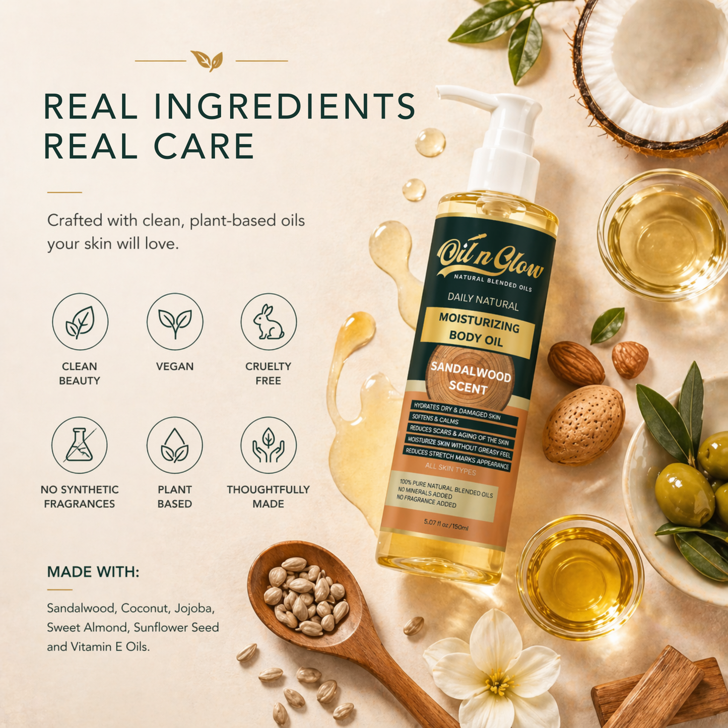 Natural Hydrating After‑Shower Body Oil | Lightweight & Moisturizing Warm Sandalwood Scent (Non‑Greasy, 150ml)