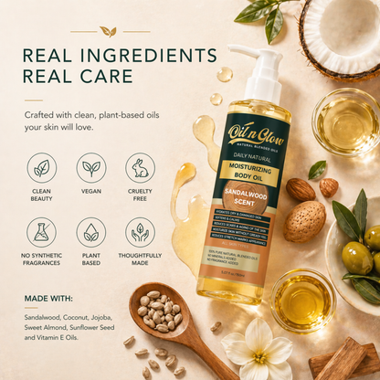 Natural Hydrating After‑Shower Body Oil | Lightweight & Moisturizing Warm Sandalwood Scent (Non‑Greasy, 150ml)