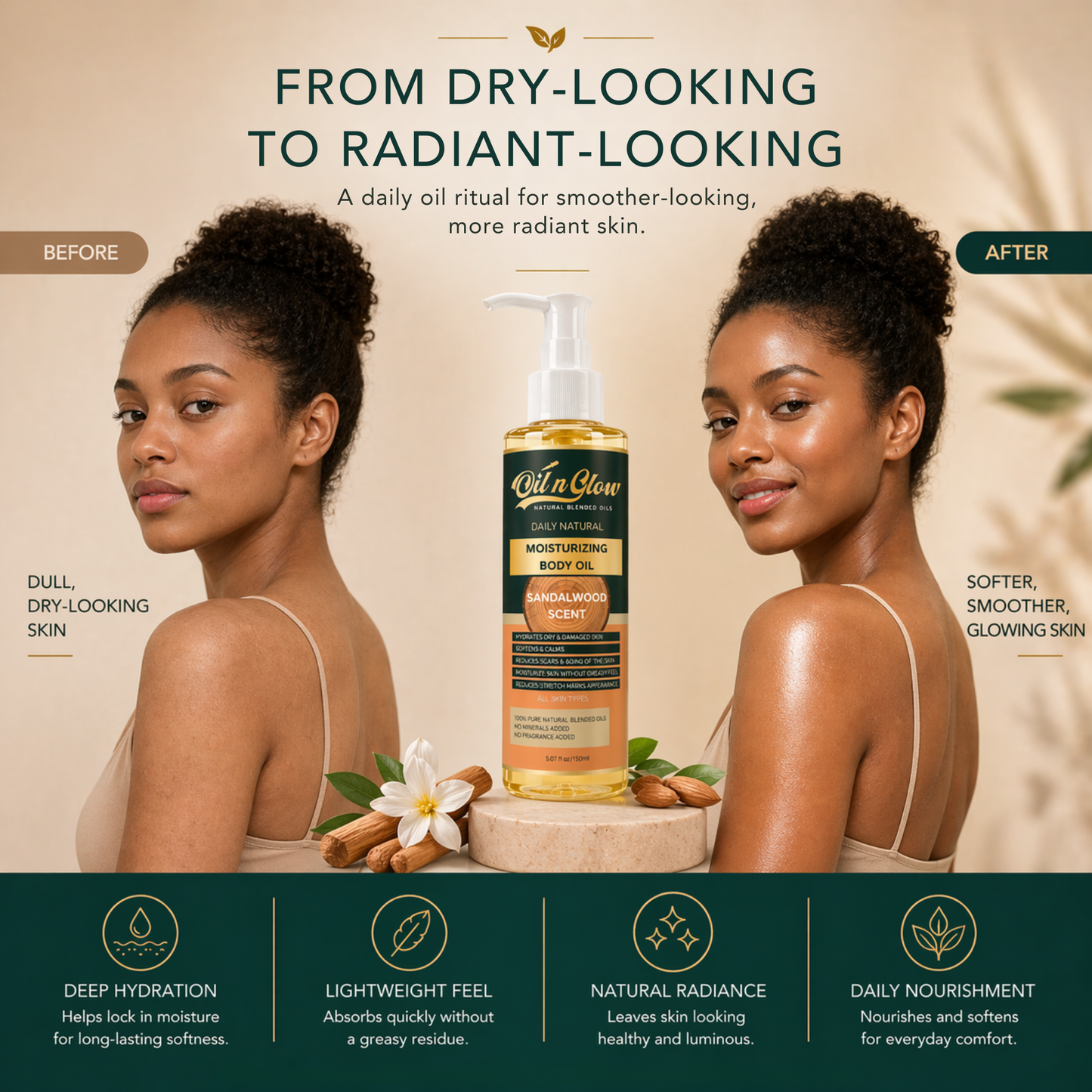 Natural Hydrating After‑Shower Body Oil | Lightweight & Moisturizing Warm Sandalwood Scent (Non‑Greasy, 150ml)