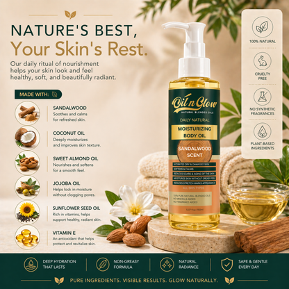 Natural Hydrating After‑Shower Body Oil | Lightweight & Moisturizing Warm Sandalwood Scent (Non‑Greasy, 150ml)