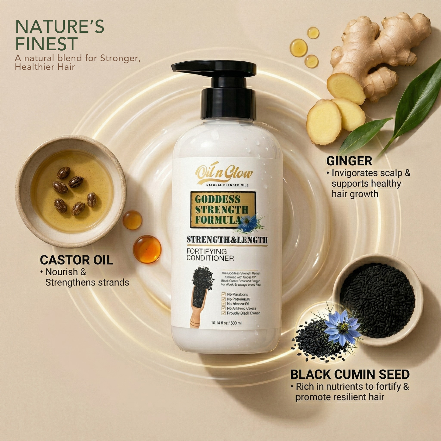 Goddess Strength Formula conditioner bottle with ingredients like ginger, castor oil, and black cumin seed on a beige background. OilnGlow USDA Certified Natural Hair Growth Conditioner: Black Cumin Seeds, Ginger, Castor Oil Strengthening & Moisturizing Conditioner for Thinning, Damaged, Dry Hair - Fragrance Free 10 Fl Oz