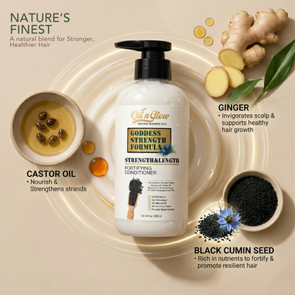 Goddess Strength Formula conditioner bottle with ingredients like ginger, castor oil, and black cumin seed on a beige background. OilnGlow USDA Certified Natural Hair Growth Conditioner: Black Cumin Seeds, Ginger, Castor Oil Strengthening & Moisturizing Conditioner for Thinning, Damaged, Dry Hair - Fragrance Free 10 Fl Oz