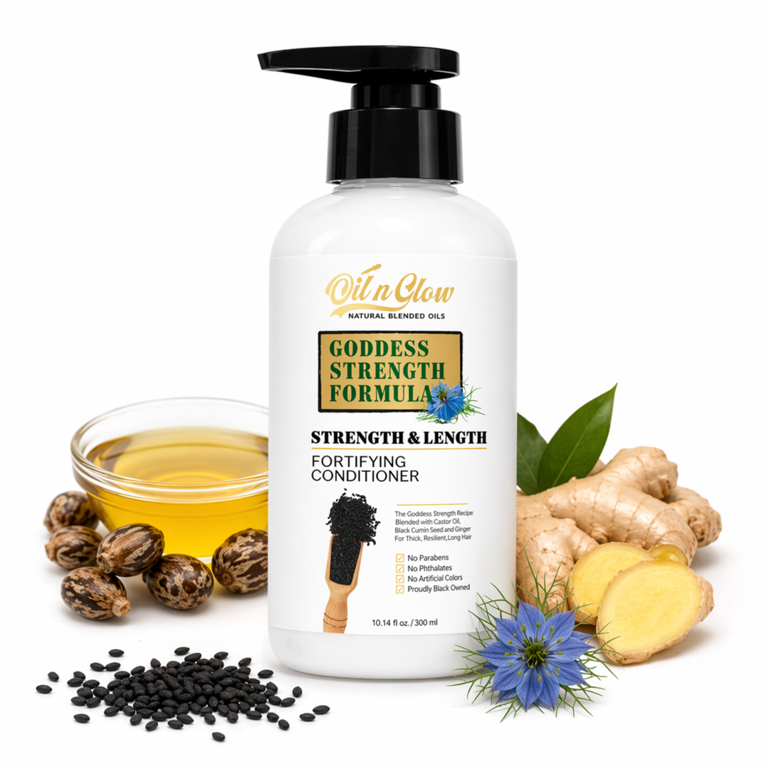 Goddess Strength Formula conditioner bottle with ingredients on a white background by oilnglow