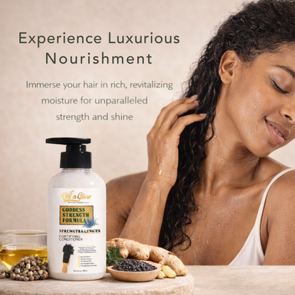 Woman with moisturized hair next to a bottle of hair care product with text about luxurious nourishment. OilnGlow USDA Certified Natural Hair Growth Conditioner: Black Cumin Seeds, Ginger, Castor Oil Strengthening & Moisturizing Conditioner for Thinning, Damaged, Dry Hair - Fragrance Free 10 Fl Oz
