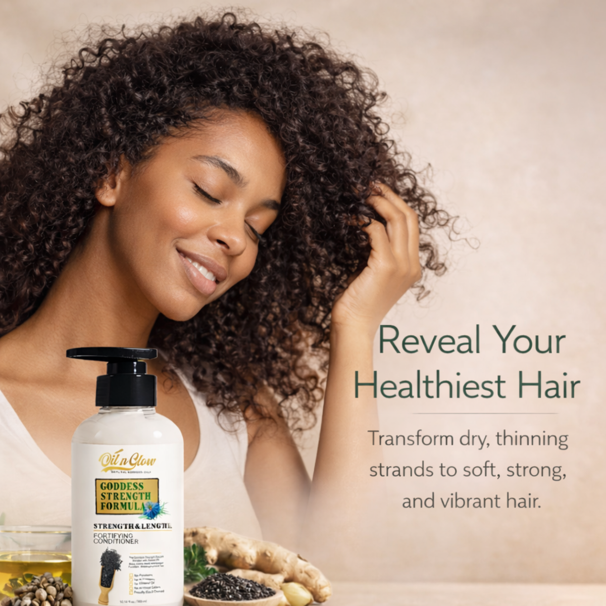 Woman with curly hair holding a bottle of conditioner with text about healthy hair. OilnGlow USDA Certified Natural Hair Growth Conditioner: Black Cumin Seeds, Ginger, Castor Oil Strengthening & Moisturizing Conditioner for Thinning, Damaged, Dry Hair - Fragrance Free 10 Fl Oz