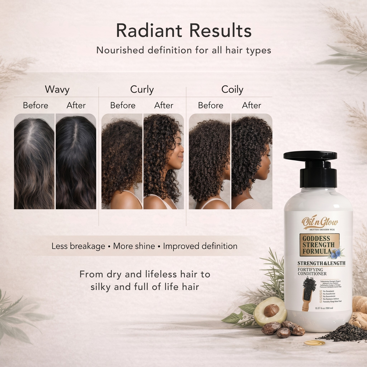Hair care product with before and after results for different hair types on a neutral background. OilnGlow USDA Certified Natural Hair Growth Conditioner: Black Cumin Seeds, Ginger, Castor Oil Strengthening & Moisturizing Conditioner for Thinning, Damaged, Dry Hair - Fragrance Free 10 Fl Oz