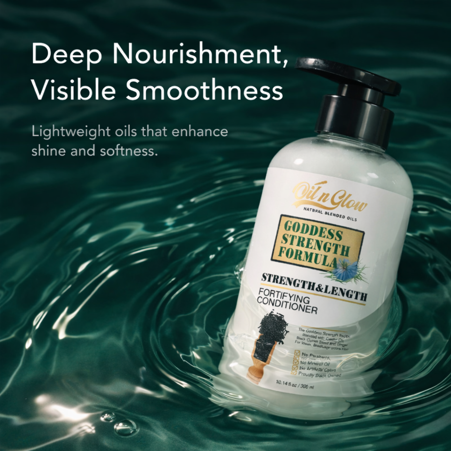 Bottle of Goddess Strength Formula conditioner in water with text about deep nourishment and visible smoothness. OilnGlow USDA Certified Natural Hair Growth Conditioner: Black Cumin Seeds, Ginger, Castor Oil Strengthening & Moisturizing Conditioner for Thinning, Damaged, Dry Hair - Fragrance Free 10 Fl Oz