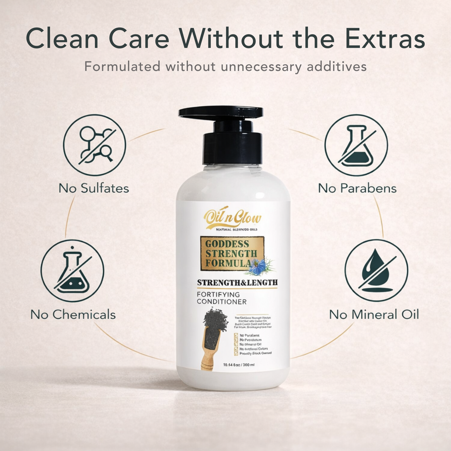 Bottle of conditioner with 'Oil n' Glow' branding and text about product benefits on a light background. OilnGlow USDA Certified Natural Hair Growth Conditioner: Black Cumin Seeds, Ginger, Castor Oil Strengthening & Moisturizing Conditioner for Thinning, Damaged, Dry Hair - Fragrance Free 10 Fl Oz
