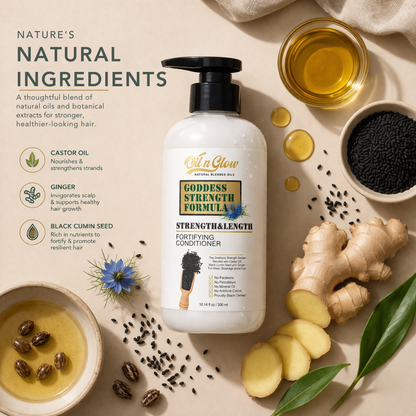 Goddess Strength Formula conditioner bottle with natural ingredients on a beige background OilnGlow USDA Certified Natural Hair Growth Conditioner: Black Cumin Seeds, Ginger, Castor Oil Strengthening & Moisturizing Conditioner for Thinning, Damaged, Dry Hair - Fragrance Free 10 Fl Oz