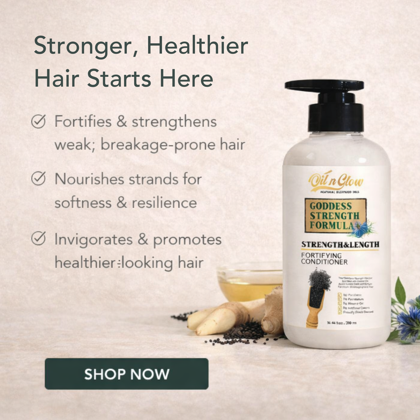 Ouidad conditioner bottle with text about hair care benefits on a beige background OilnGlow USDA Certified Natural Hair Growth Conditioner: Black Cumin Seeds, Ginger, Castor Oil Strengthening & Moisturizing Conditioner for Thinning, Damaged, Dry Hair - Fragrance Free 10 Fl Oz