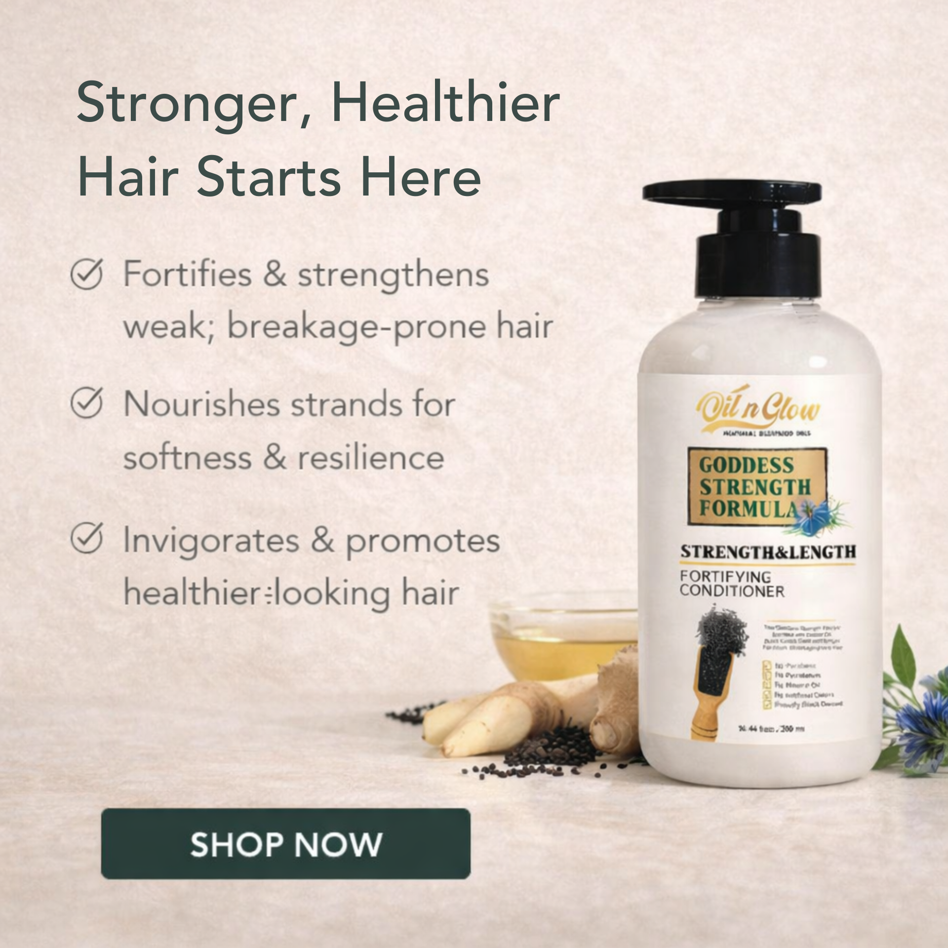Ouidad conditioner bottle with text about hair care benefits on a beige background OilnGlow USDA Certified Natural Hair Growth Conditioner: Black Cumin Seeds, Ginger, Castor Oil Strengthening & Moisturizing Conditioner for Thinning, Damaged, Dry Hair - Fragrance Free 10 Fl Oz