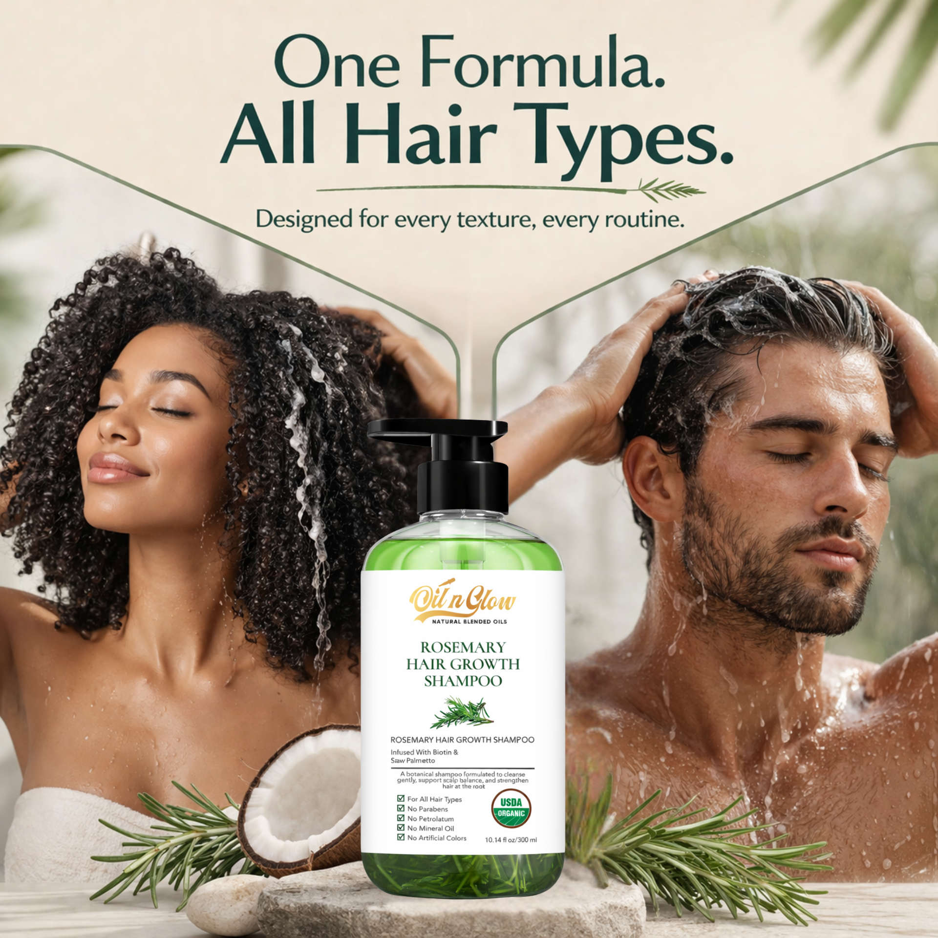 oilnglow rosemary hair growth shampoo with two people washing their hair and the product in the foreground.