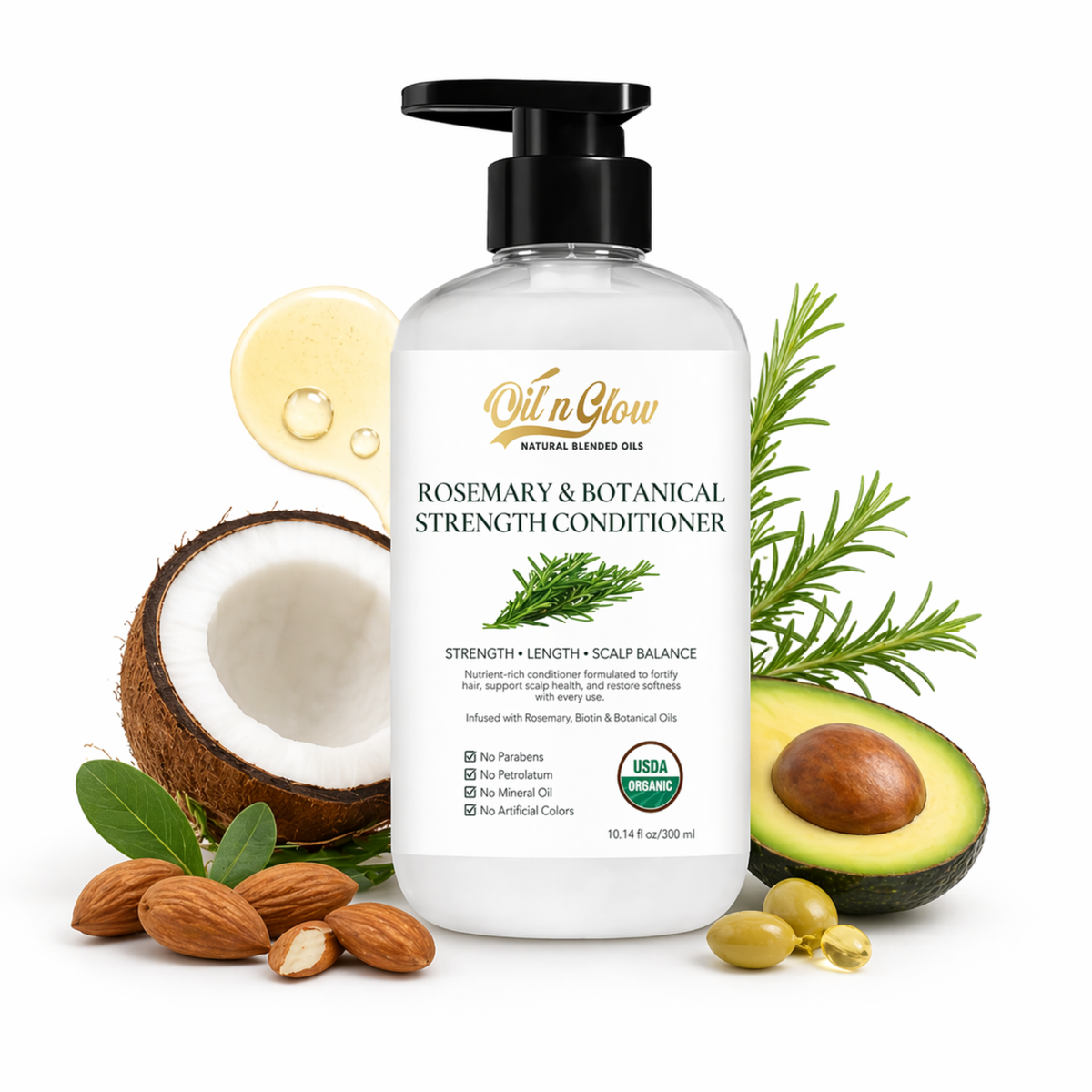 Bottle of 'Oil n Glow' conditioner with natural ingredients like avocado, coconut, and rosemary on a white background