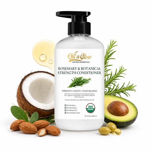 Bottle of 'Oil n Glow' conditioner with natural ingredients like avocado, coconut, and rosemary on a white background
