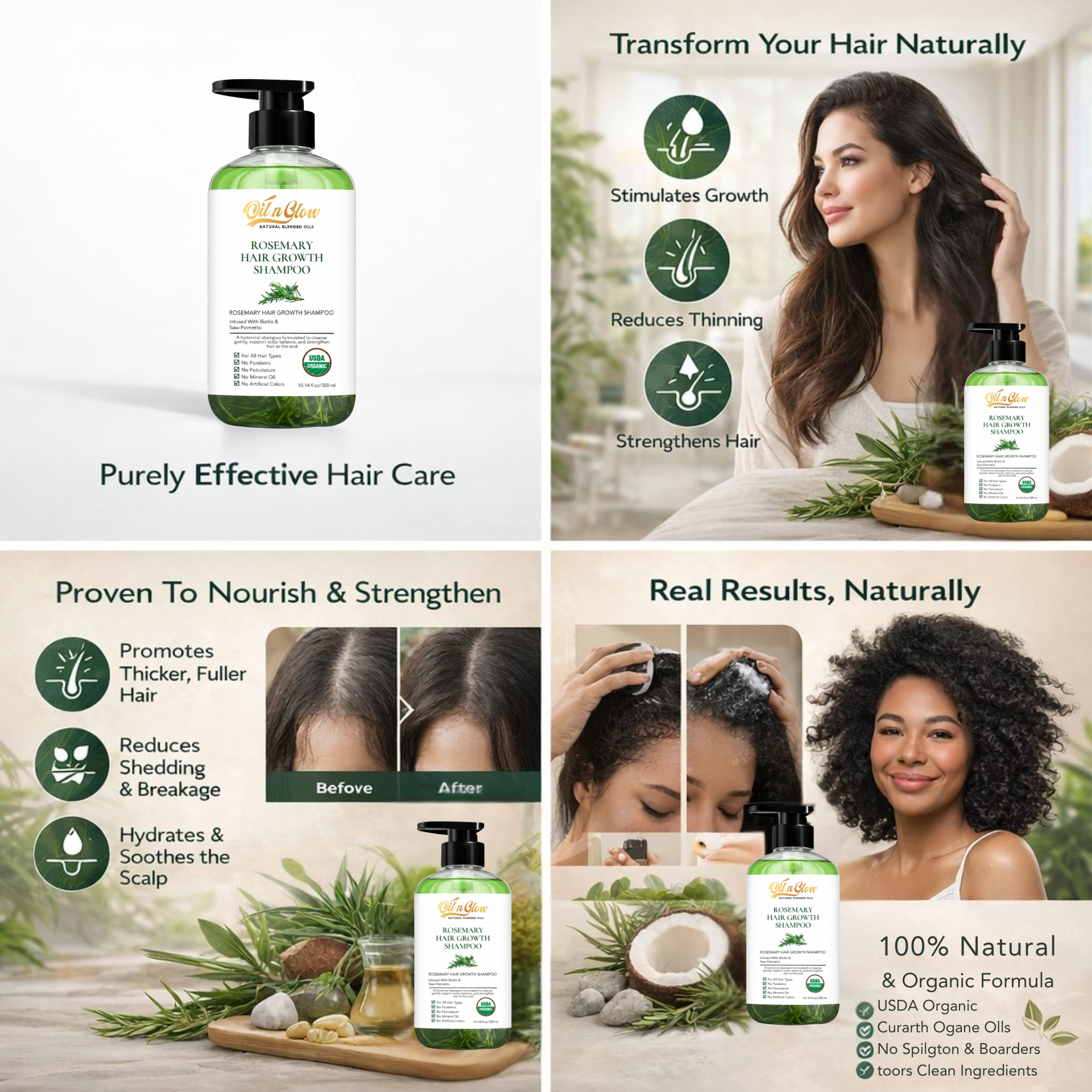 oilnglow roseamry shampoo with a woman using them, featuring text about hair care benefits.