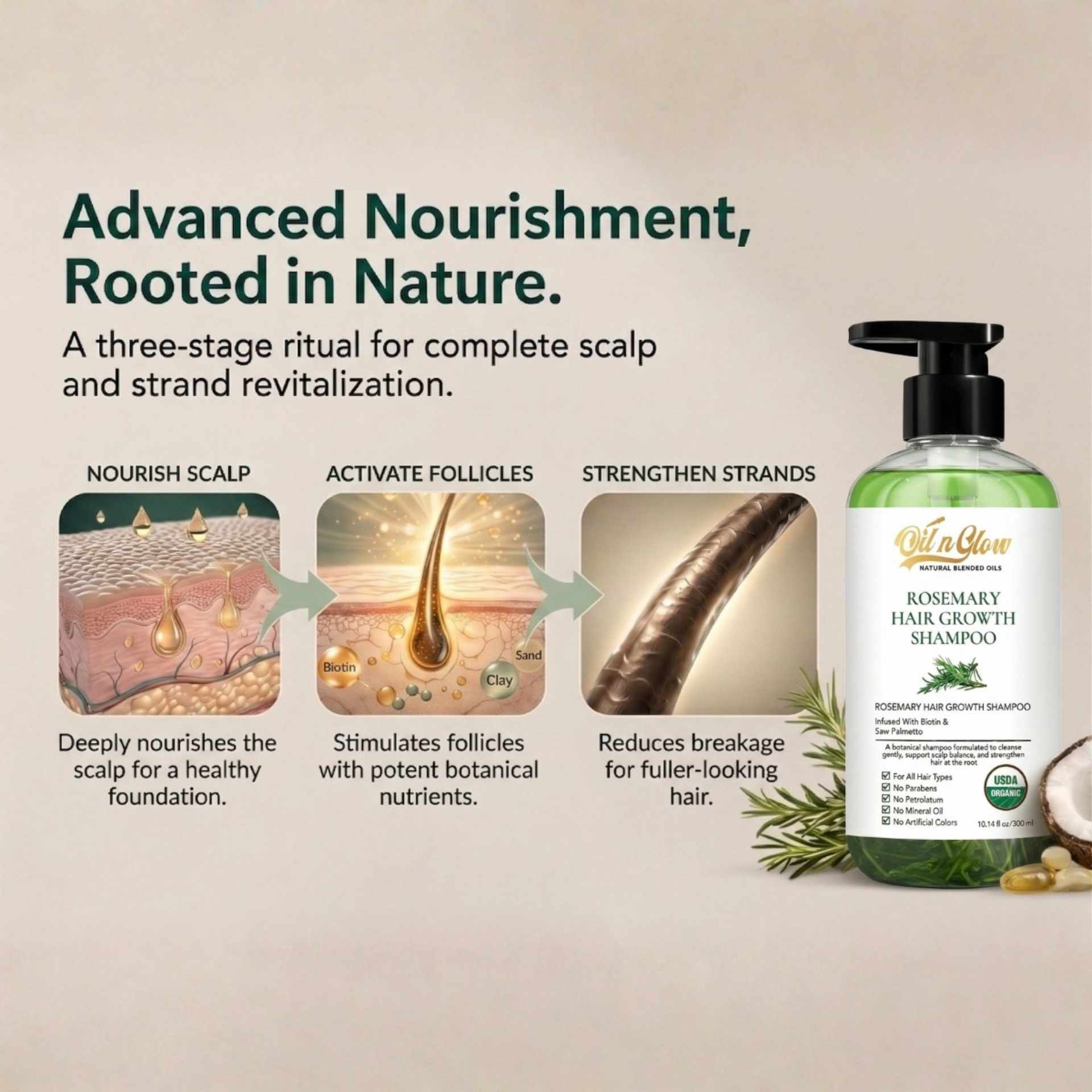 oilnGlow Rosemary Hair Growth Shampoo with stages of scalp care on a beige background