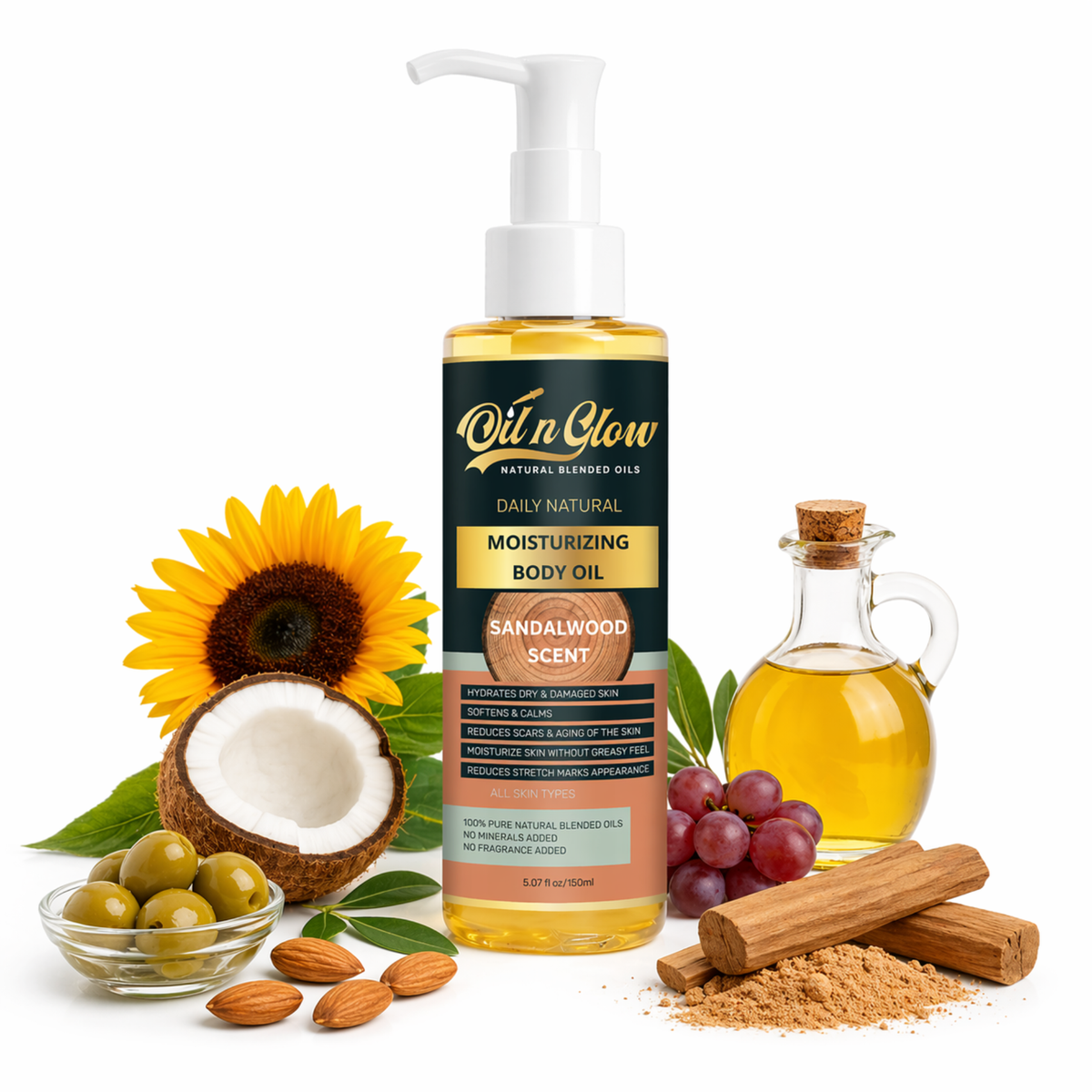 Body oil bottle with natural ingredients like sunflower, coconut, almonds, and grapes on a white background.