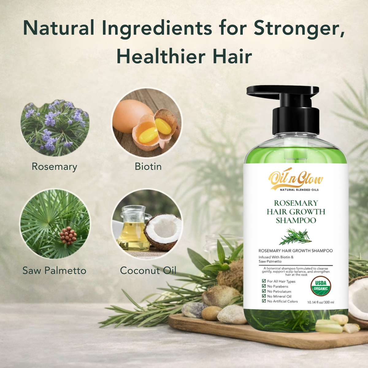 Oil n Glow Rosemary Hair Growth Shampoo bottle with natural ingredients on a wooden tray with rosemary, biotin, saw palmetto, coconut oil