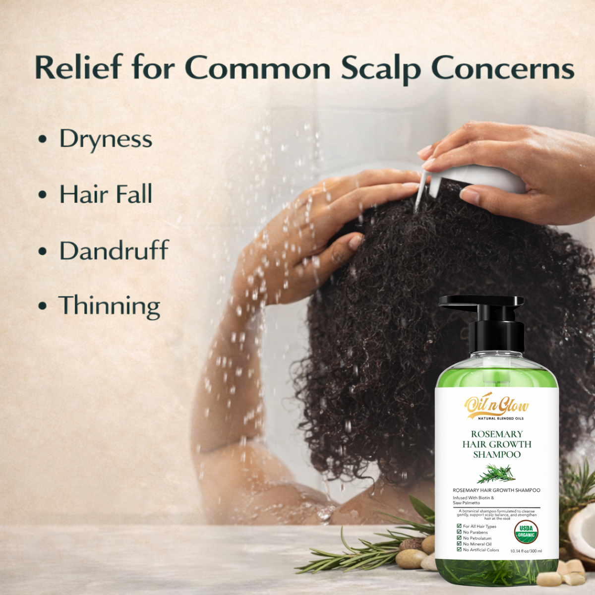 oilnglow rosemary Shampoo bottle with text on scalp concerns and a person washing hair in the background