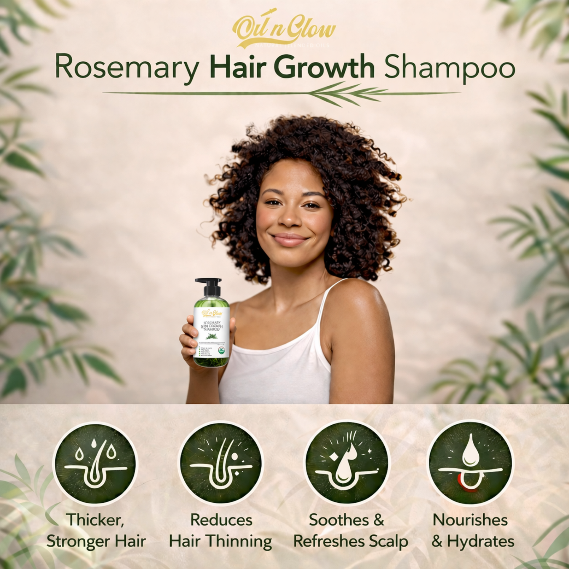 Woman holding a bottle of 'oilnGlow Rosemary Hair Growth Shampoo with product features displayed below.