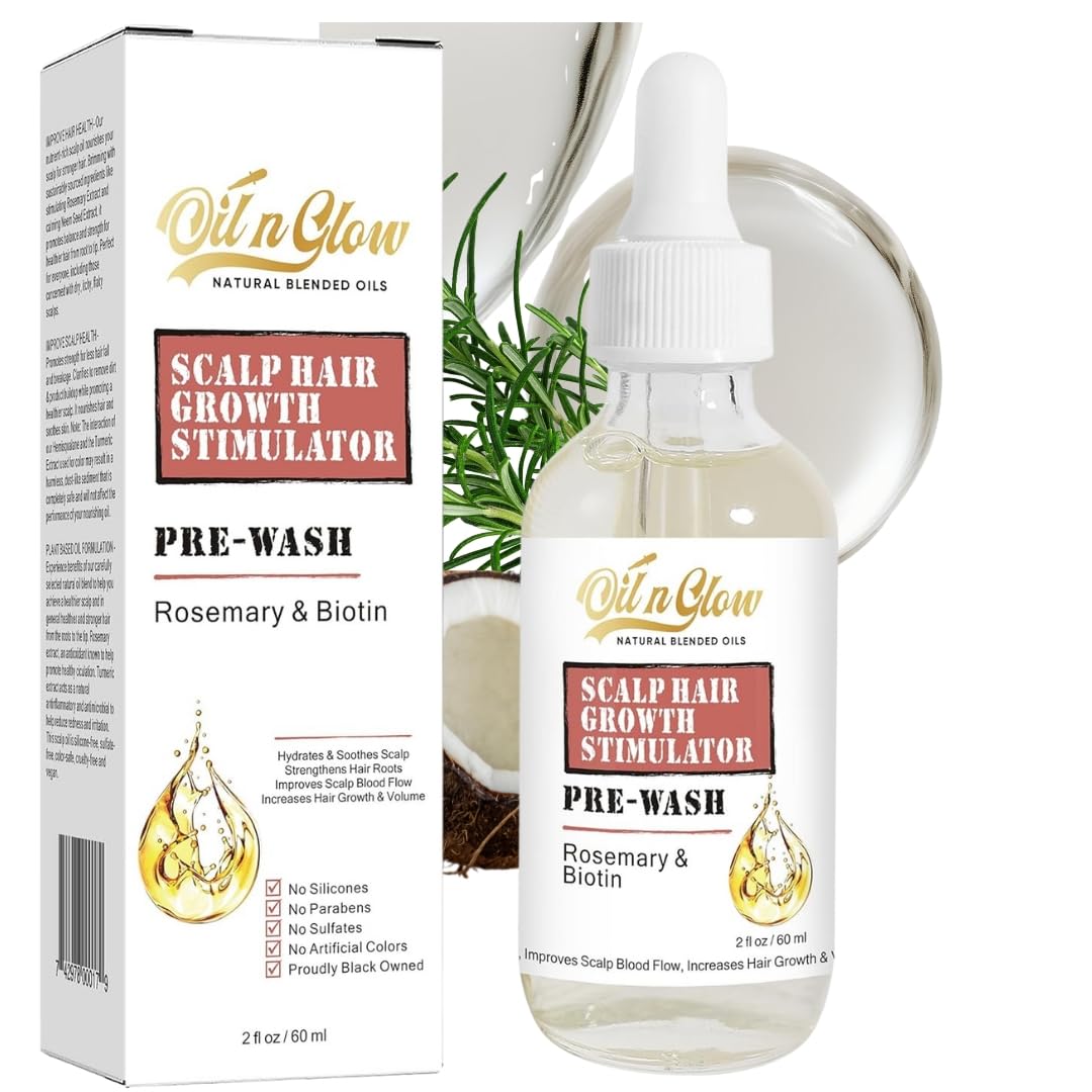 Oil 'n Glow Scalp Hair Growth Stimulator packaging and bottle on a white background
