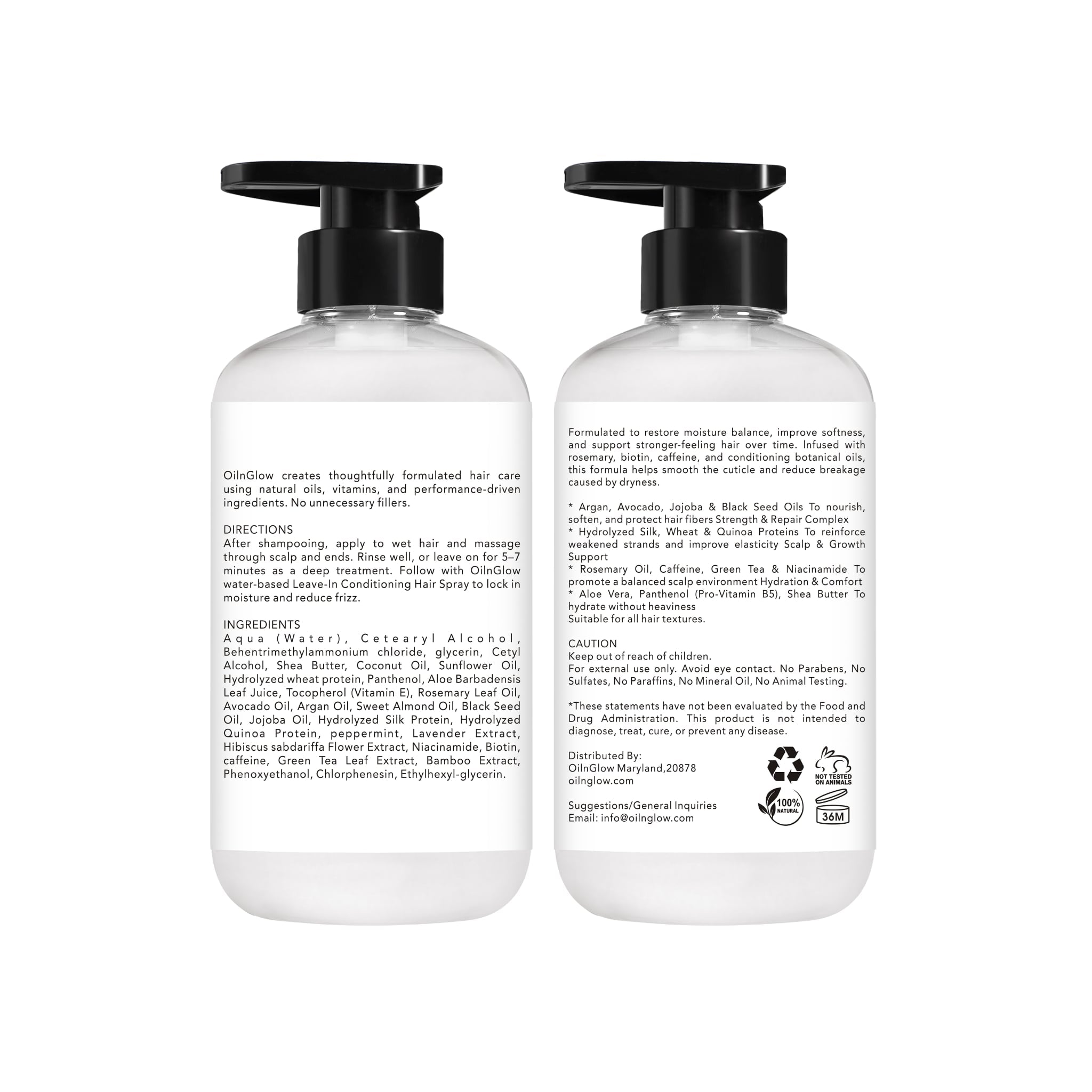 Strengthening Hair Conditioner OilnGlow Rosemary & Botanical Strength Conditioner for Scalp Health & Hair Growth Support, Biotin & Caffeine, Strengthening & Moisturizing Formula with Botanical Oils, Vegan, 10.14 fl oz ingredient list