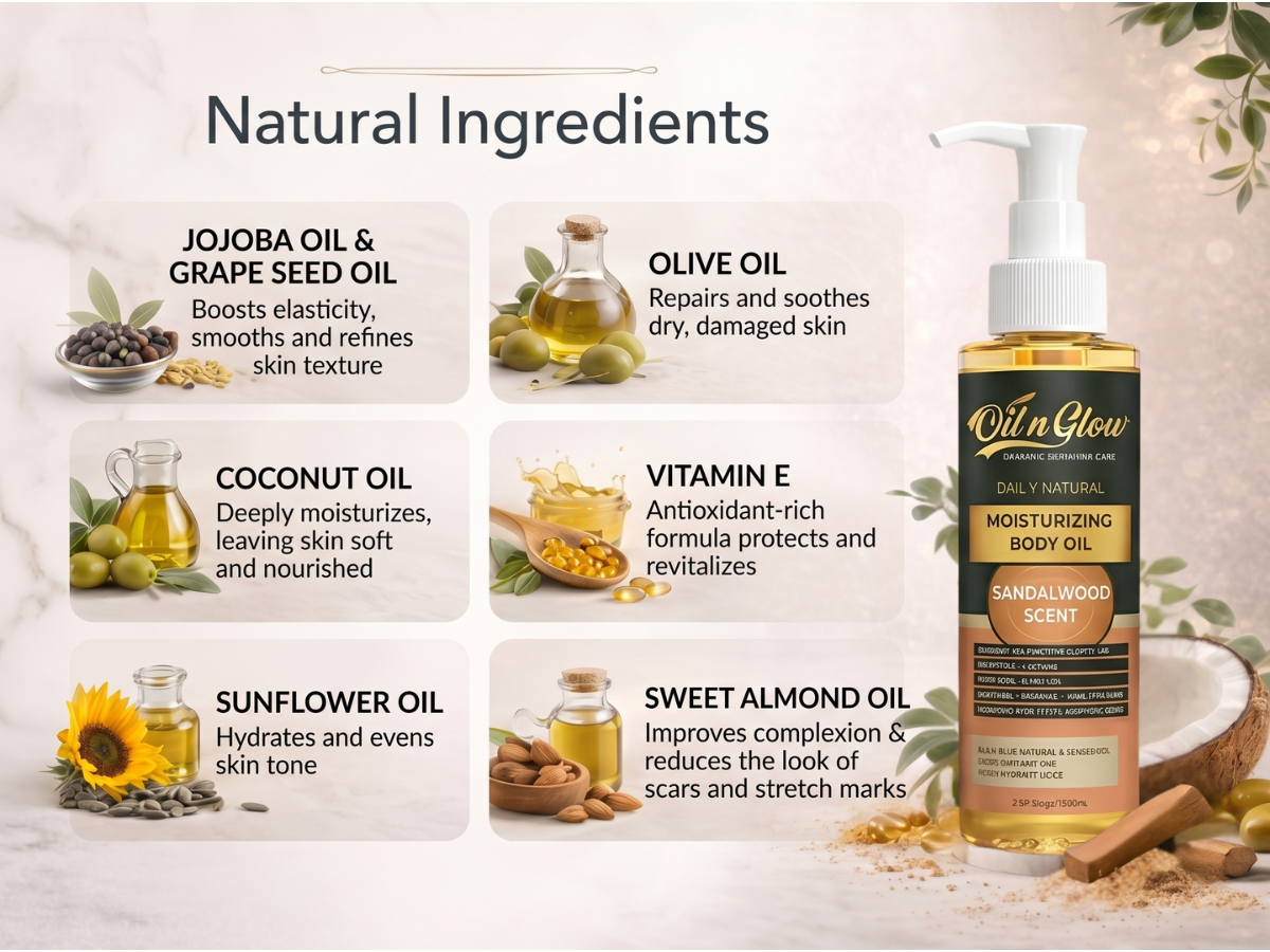 Oil'n Glow moisturizing body oil with natural ingredients listed on a light background