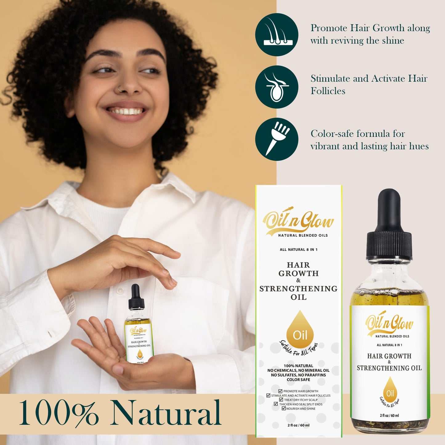 Person holding a bottle of 'oilnglow hair growth oil with product packaging and features displayed.