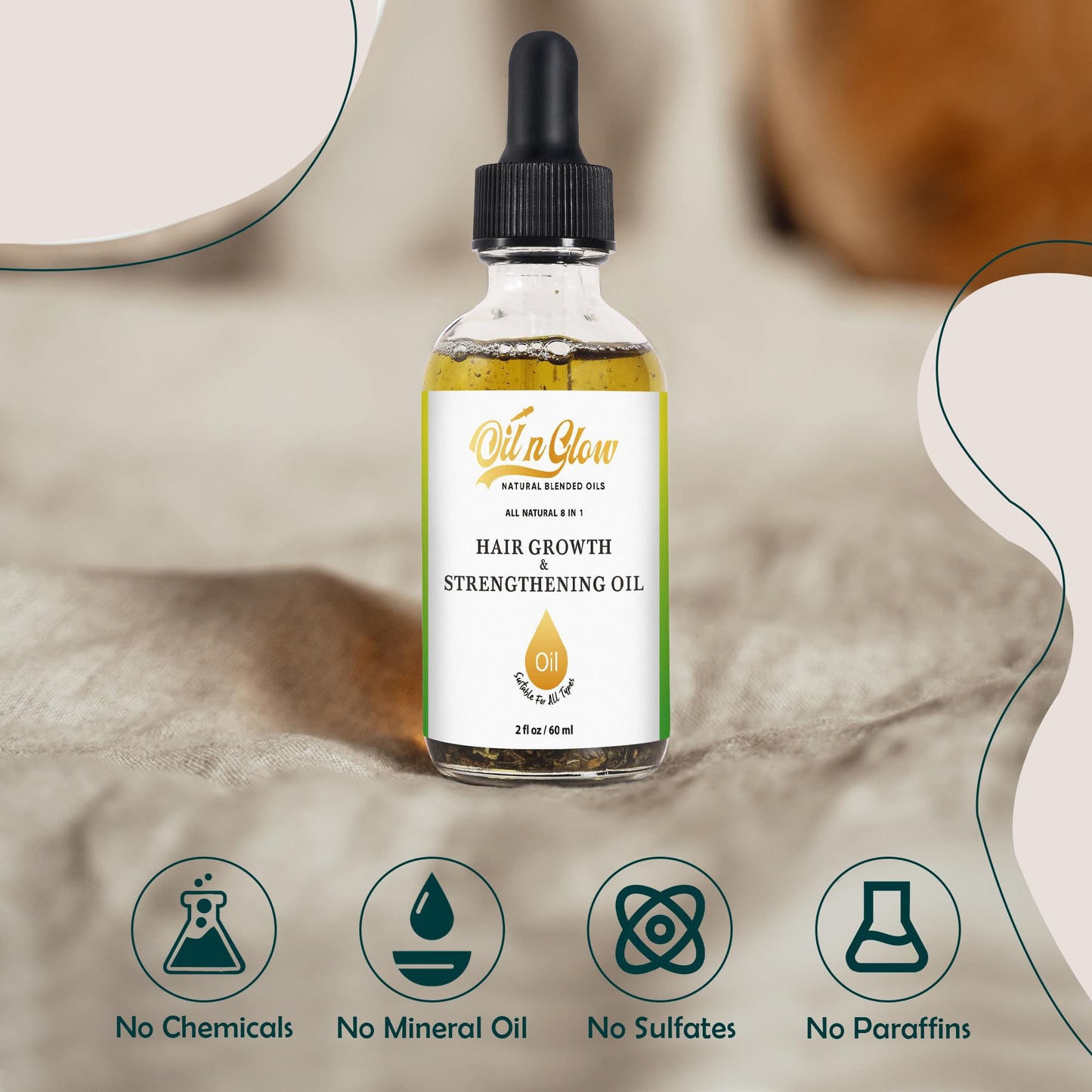 Hair growth oil bottle with dropper on a neutral background