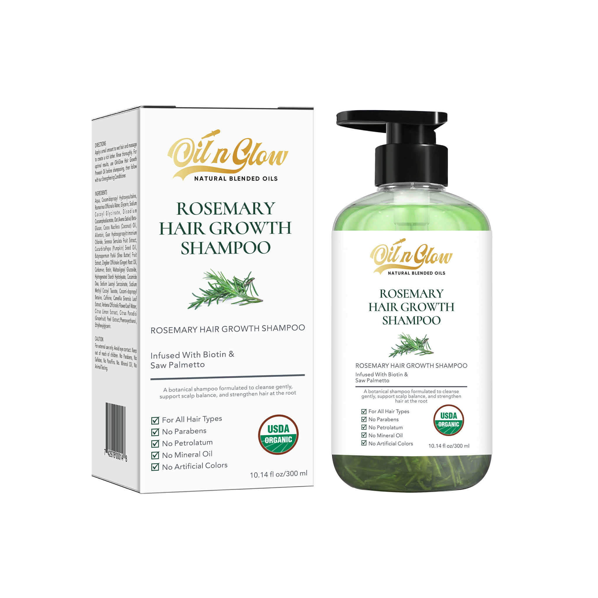 OilnGlow USDA Organic Rosemary Hair Growth Shampoo For Thickening, Regrowth & Strengthening for Men & Women with Biotin, Scalp DHT Blocker Saw Palmetto For Thinning Hair Loss 10 Fl. Oz- Fragrance Free
