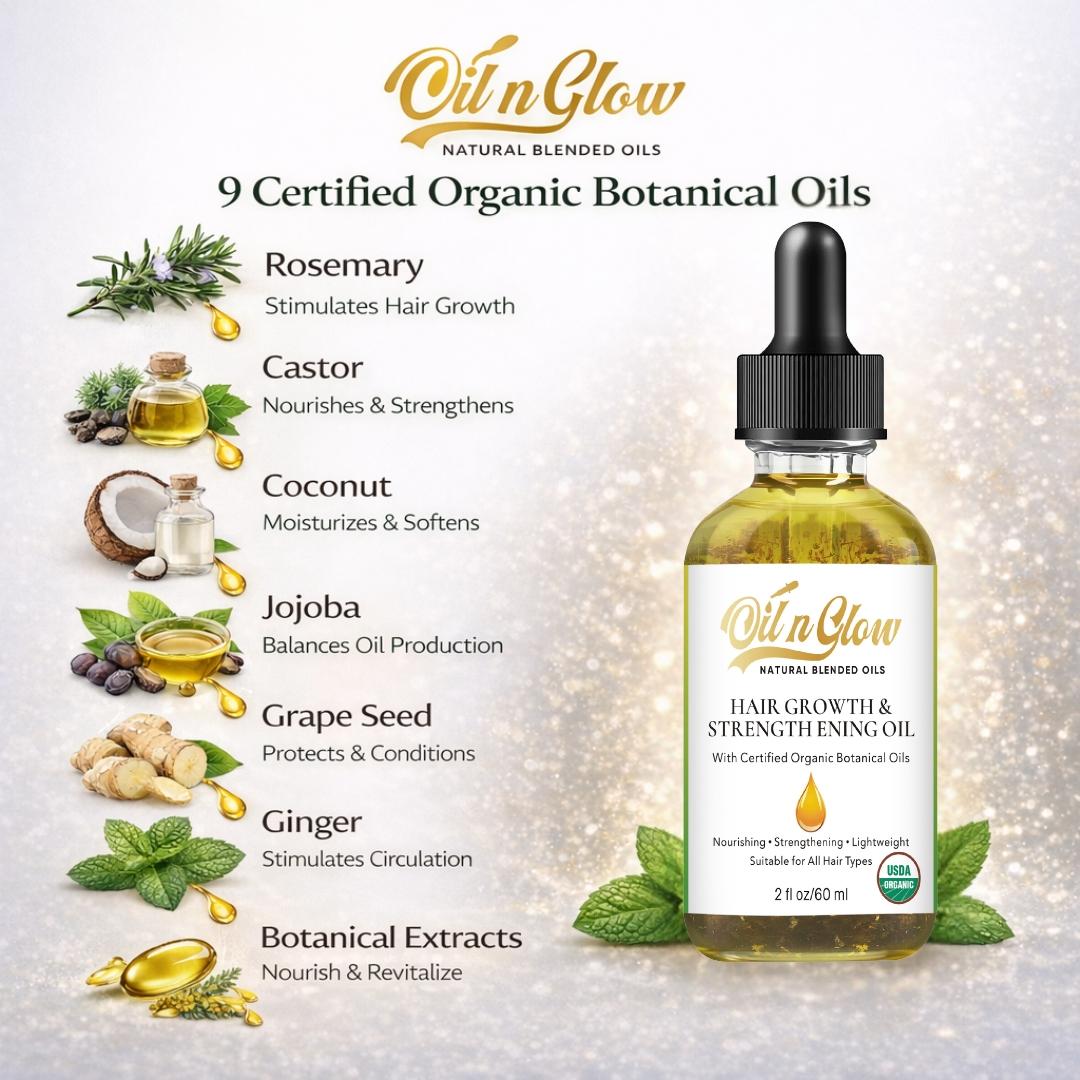 OilnGlow USDA Certified Organic 9 in 1 Natural Hair Growth Serum & Strengthening Oil with Rosemary, Castor, 100% Vegan Jojoba, Coconut, Grape Seed, Ginger & Scalp DHT Blocker Peppermint Oil 2 FL