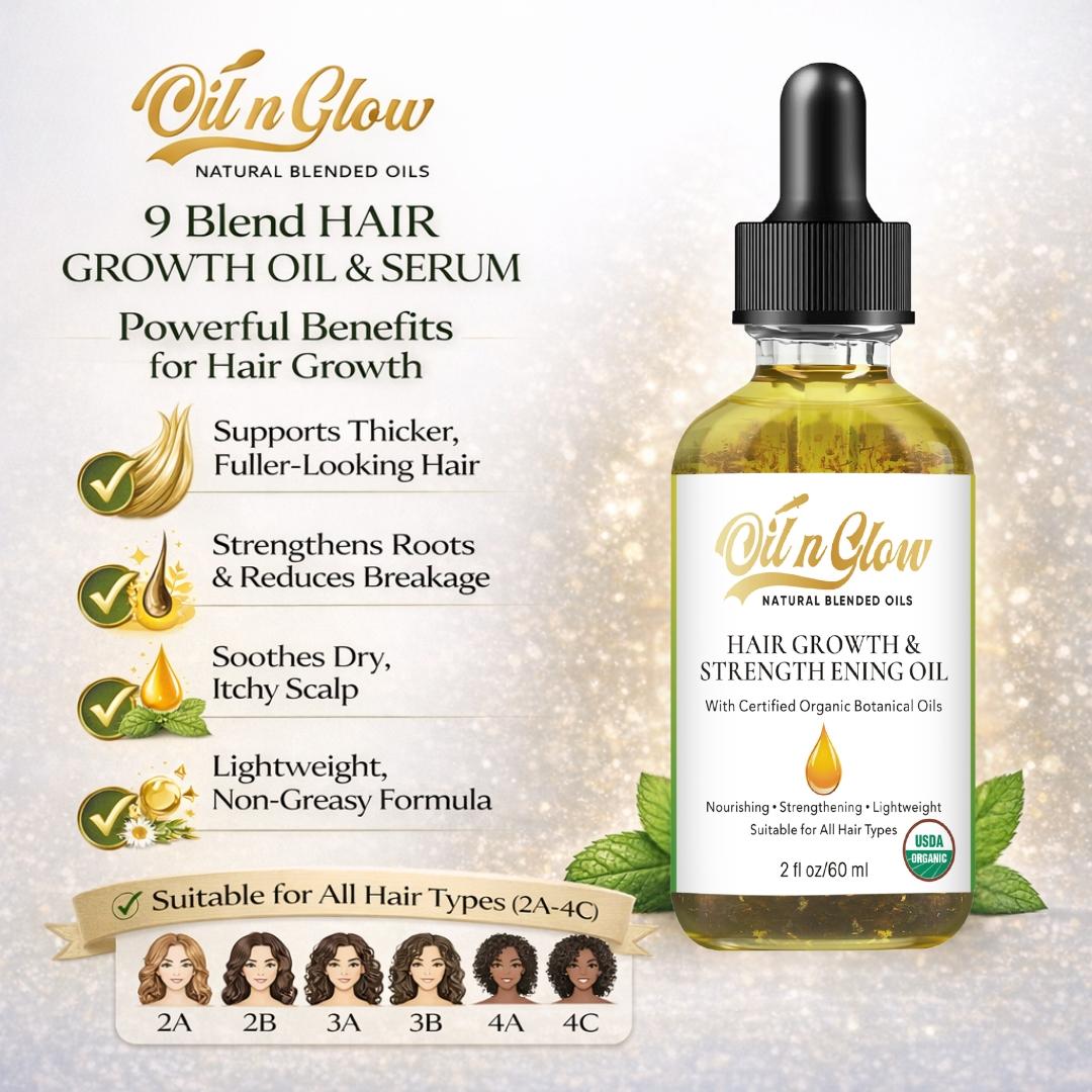 OilnGlow USDA Certified Organic 9 in 1 Natural Hair Growth Serum & Strengthening Oil with Rosemary, Castor, 100% Vegan Jojoba, Coconut, Grape Seed, Ginger & Scalp DHT Blocker Peppermint Oil 2 FL