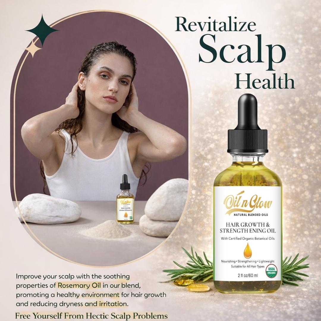 OilnGlow USDA Certified Organic 9 in 1 Natural Hair Growth Serum & Strengthening Oil with Rosemary, Castor, 100% Vegan Jojoba, Coconut, Grape Seed, Ginger & Scalp DHT Blocker Peppermint Oil 2 FL