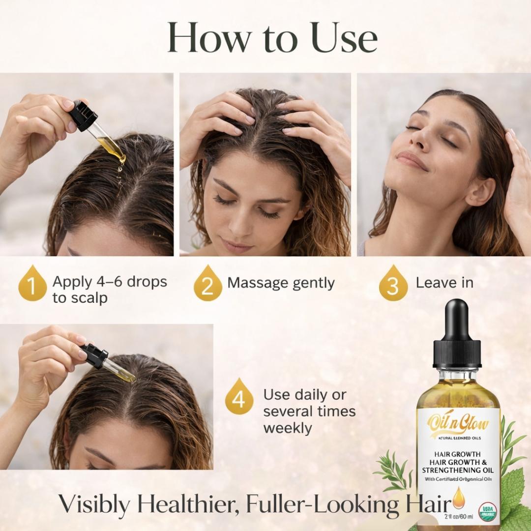 OilnGlow USDA Certified Organic 9 in 1 Natural Hair Growth Serum & Strengthening Oil with Rosemary, Castor, 100% Vegan Jojoba, Coconut, Grape Seed, Ginger & Scalp DHT Blocker Peppermint Oil 2 FL